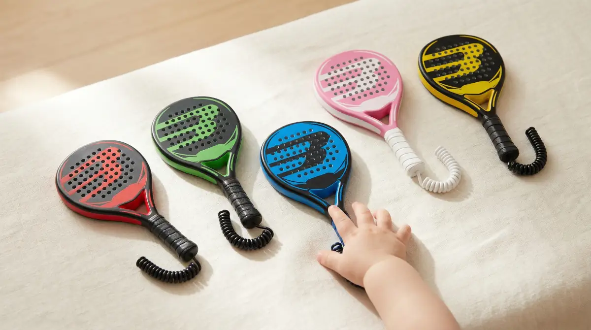 Collection of mini padel racket replicas in different shapes and colors