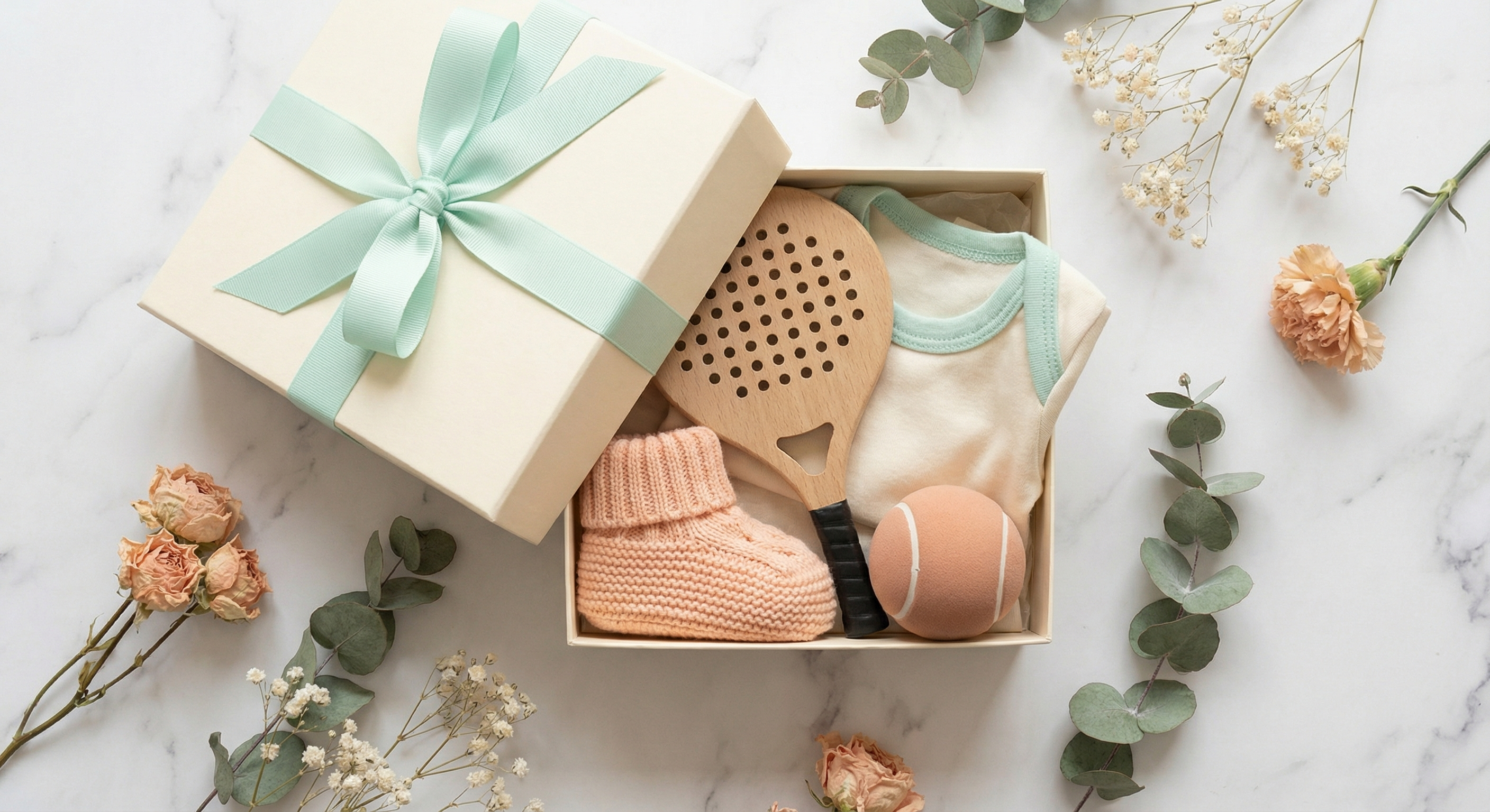 Beautifully wrapped padel-themed baby shower gift box