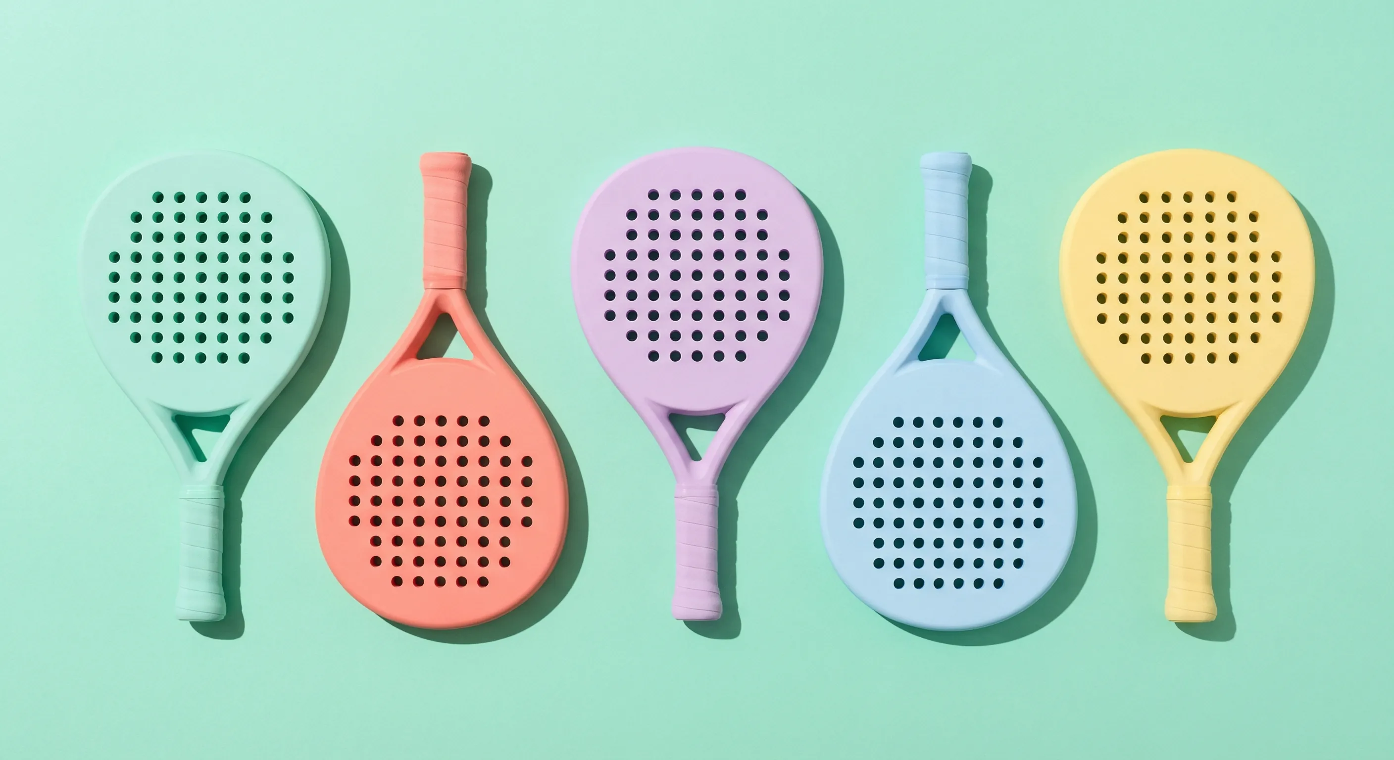 Collection of colorful mini padel rackets arranged in a row