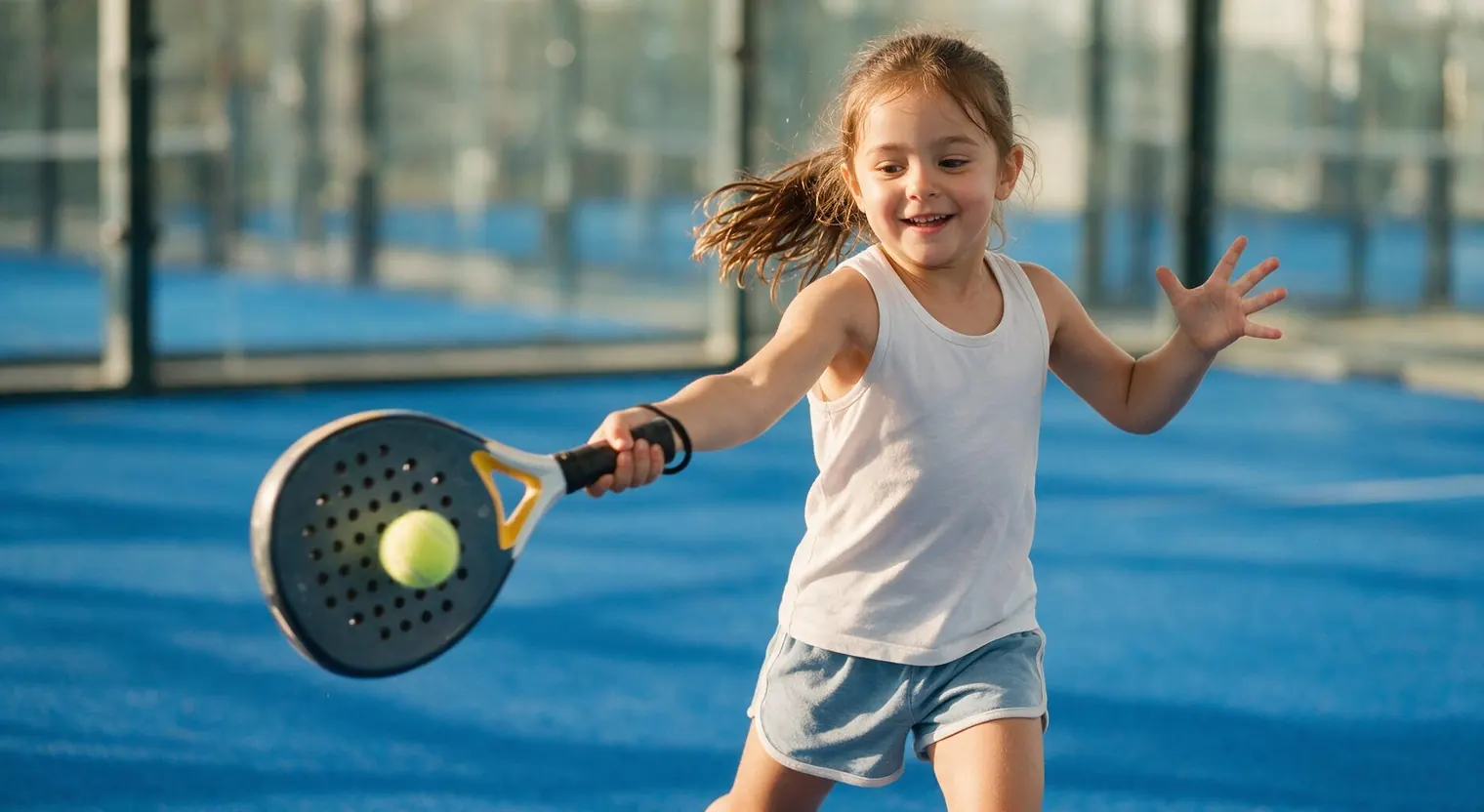 Young girl mid-swing hitting a padel ball with a lightweight junior padel racket on an indoor court
