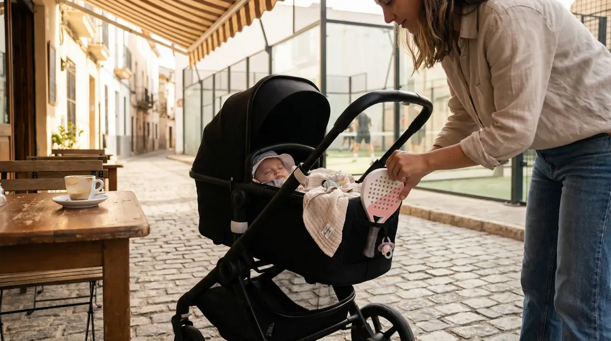 Mini replica padel racket tucked into a baby stroller outside a European café