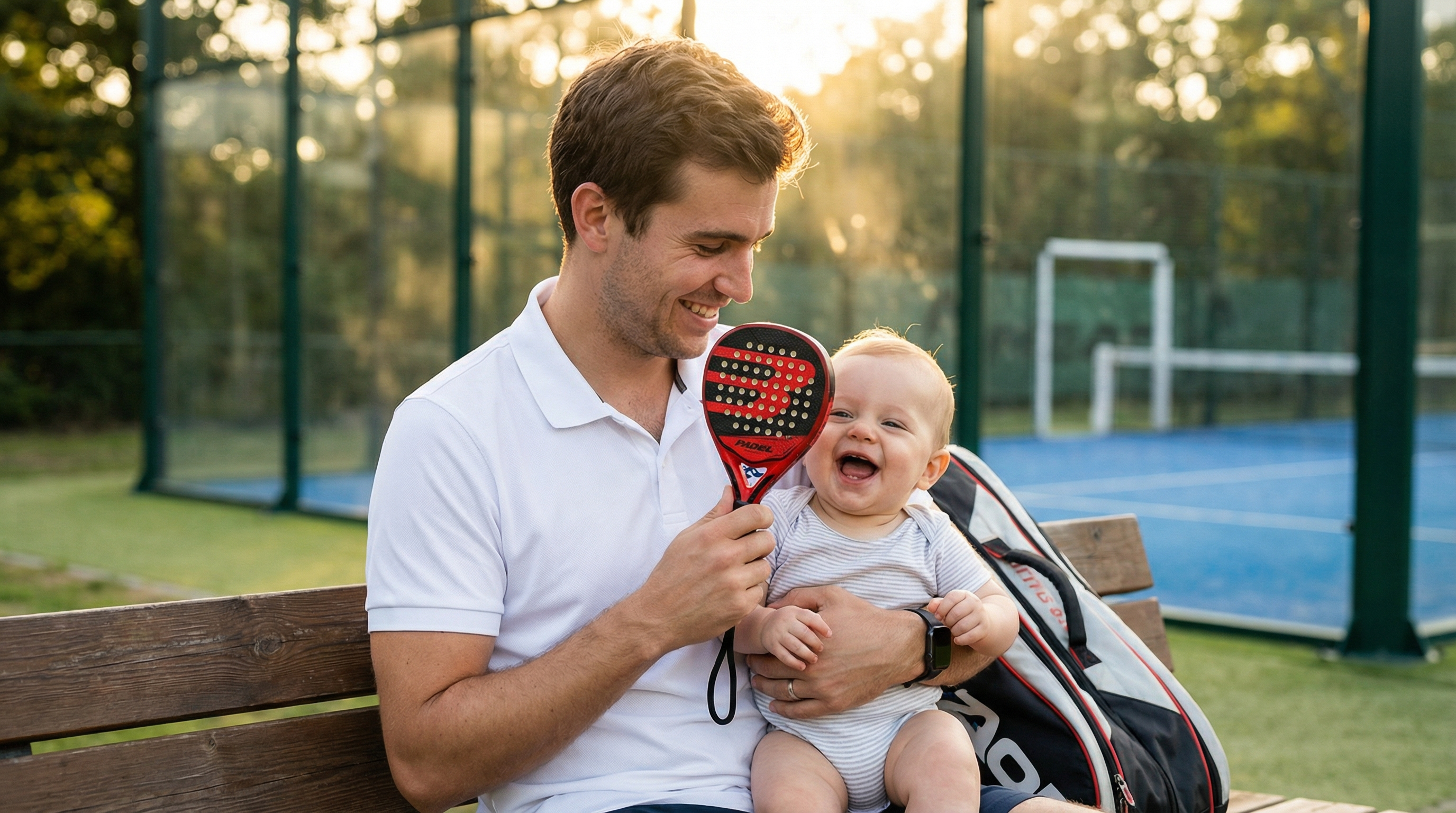Dad on padel court bench holding baby and mini replica racket at golden hour