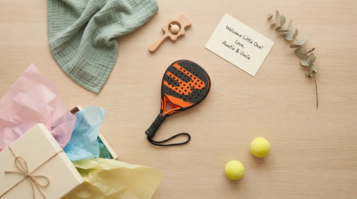 Baby shower flat lay with mini padel racket, gift box, and baby items on a cream surface
