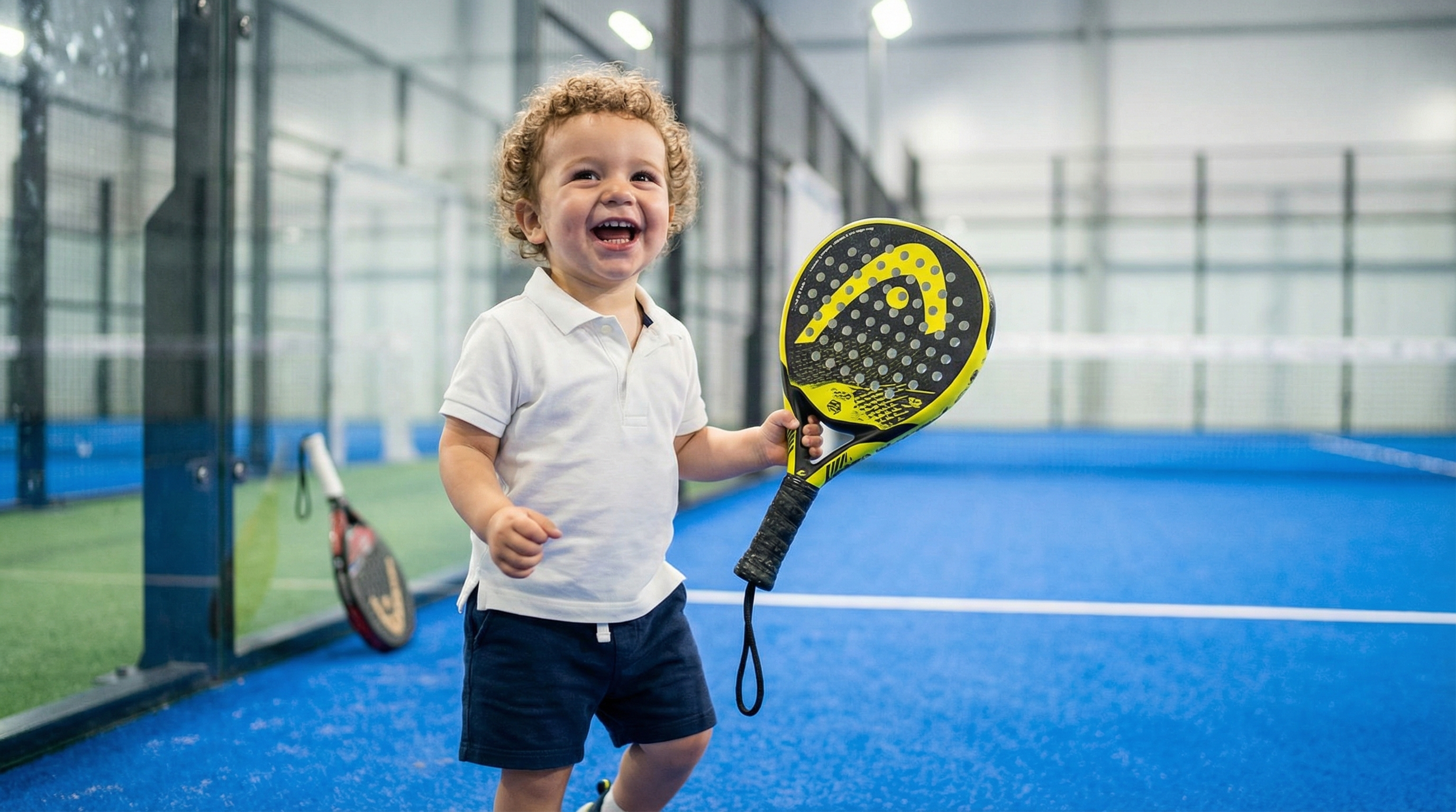 Laughing toddler on a padel court holding a yellow mini replica racket
