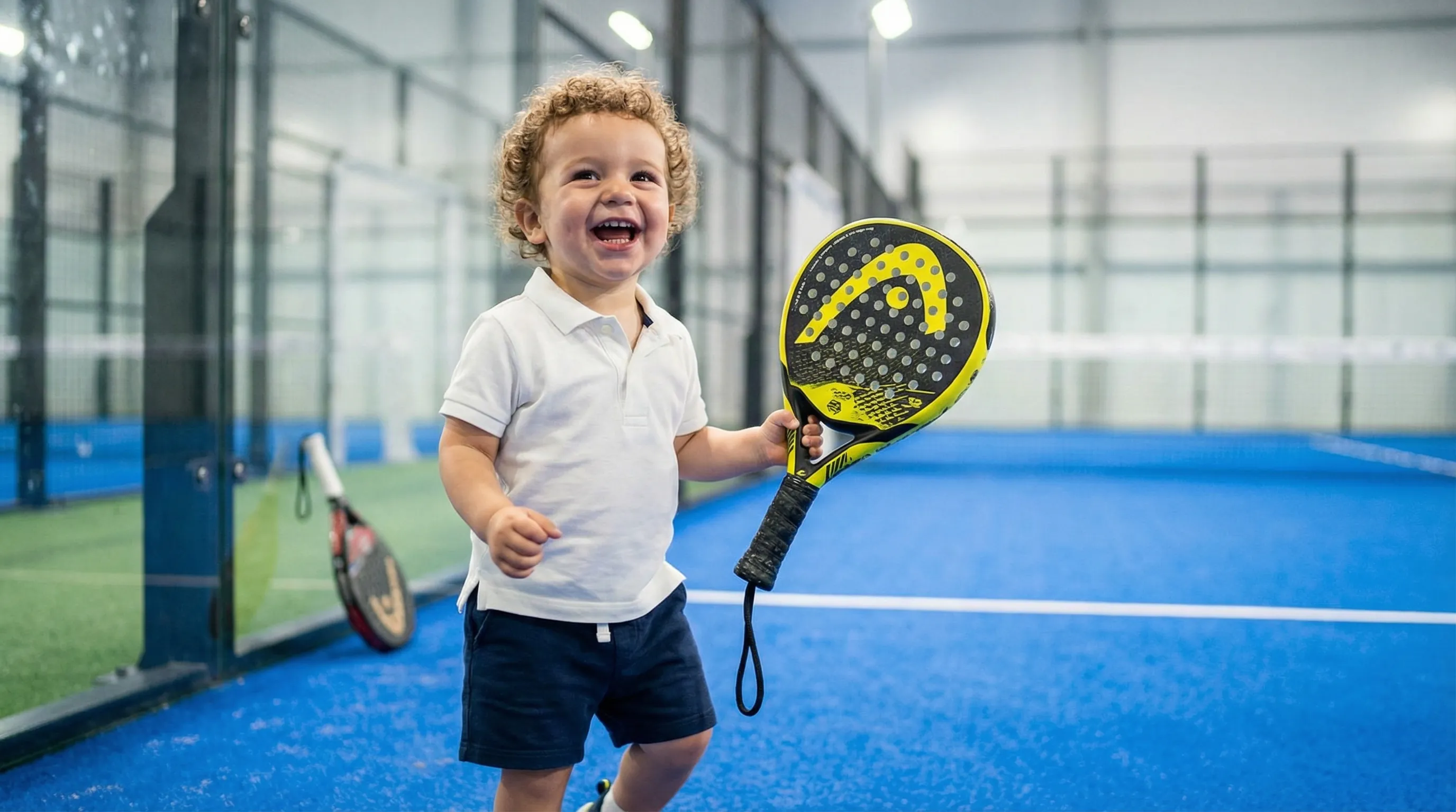 Laughing toddler on a padel court holding a yellow mini replica racket