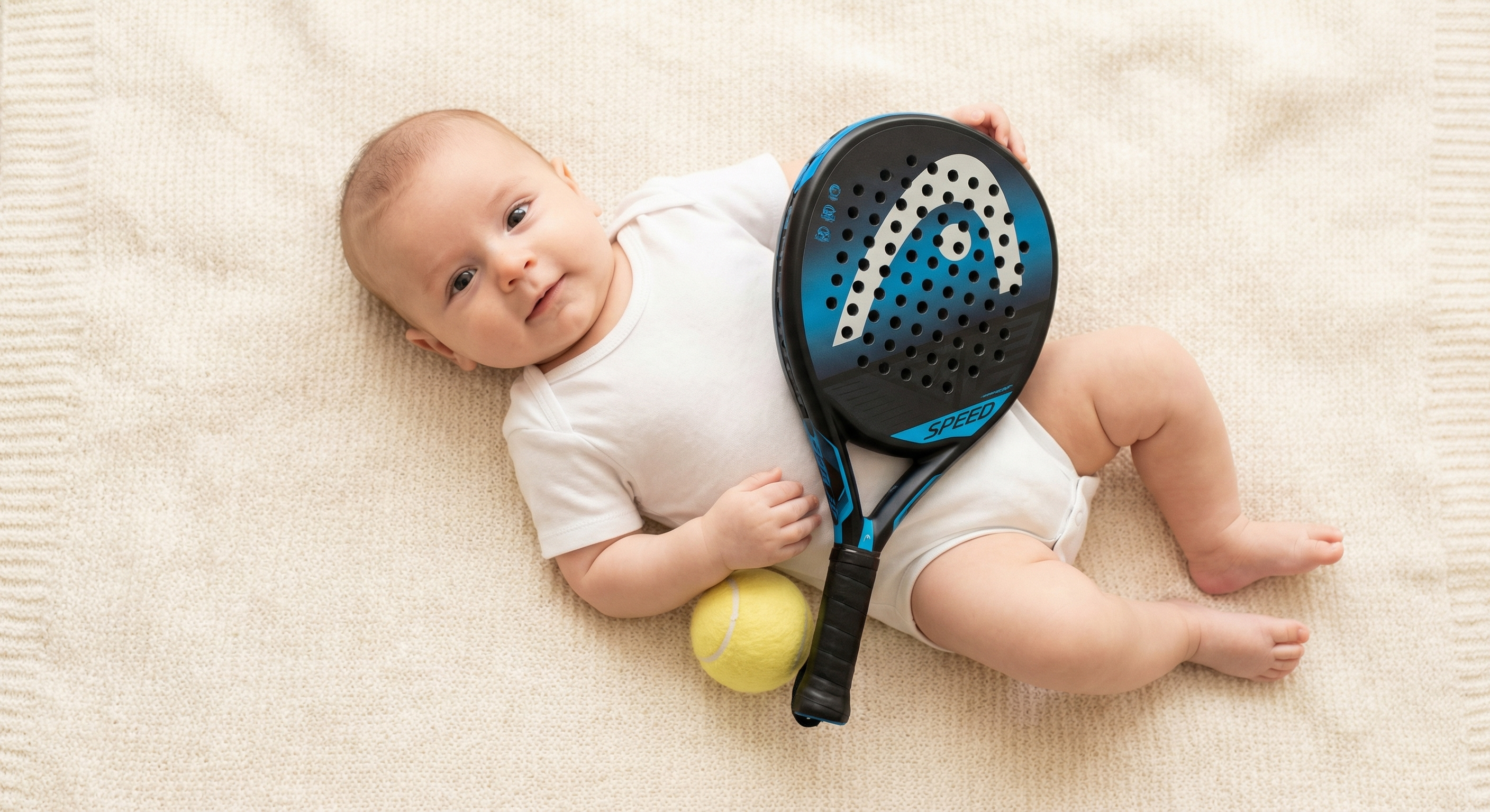 Mini padel racket next to a baby showing size comparison