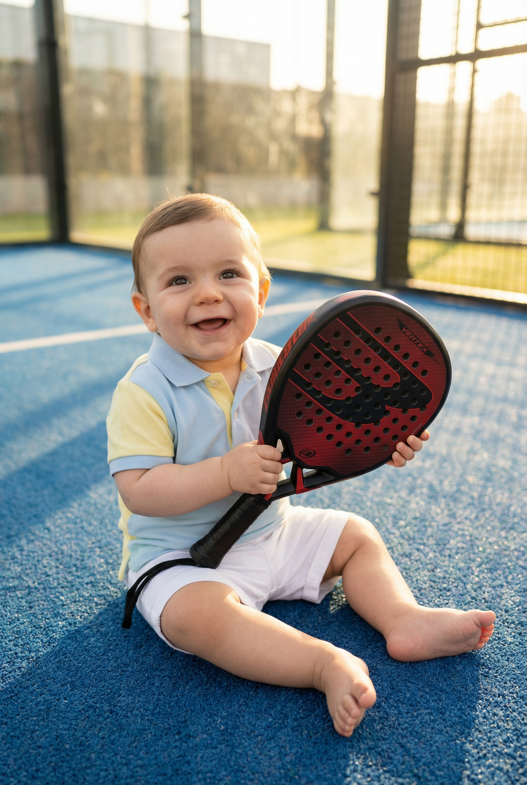 Baby on a padel court with a mini racket