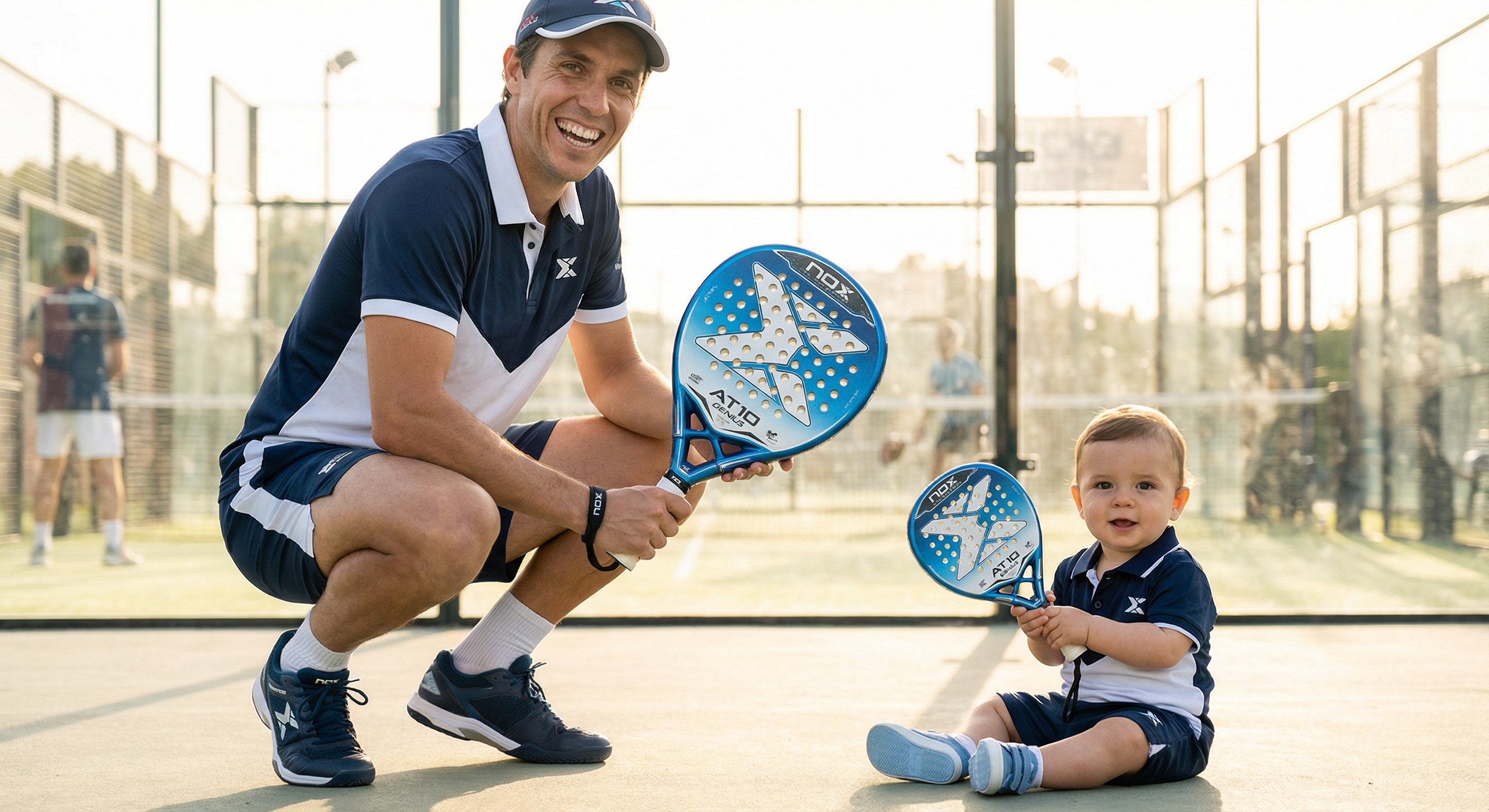 Parent and baby mirroring padel poses